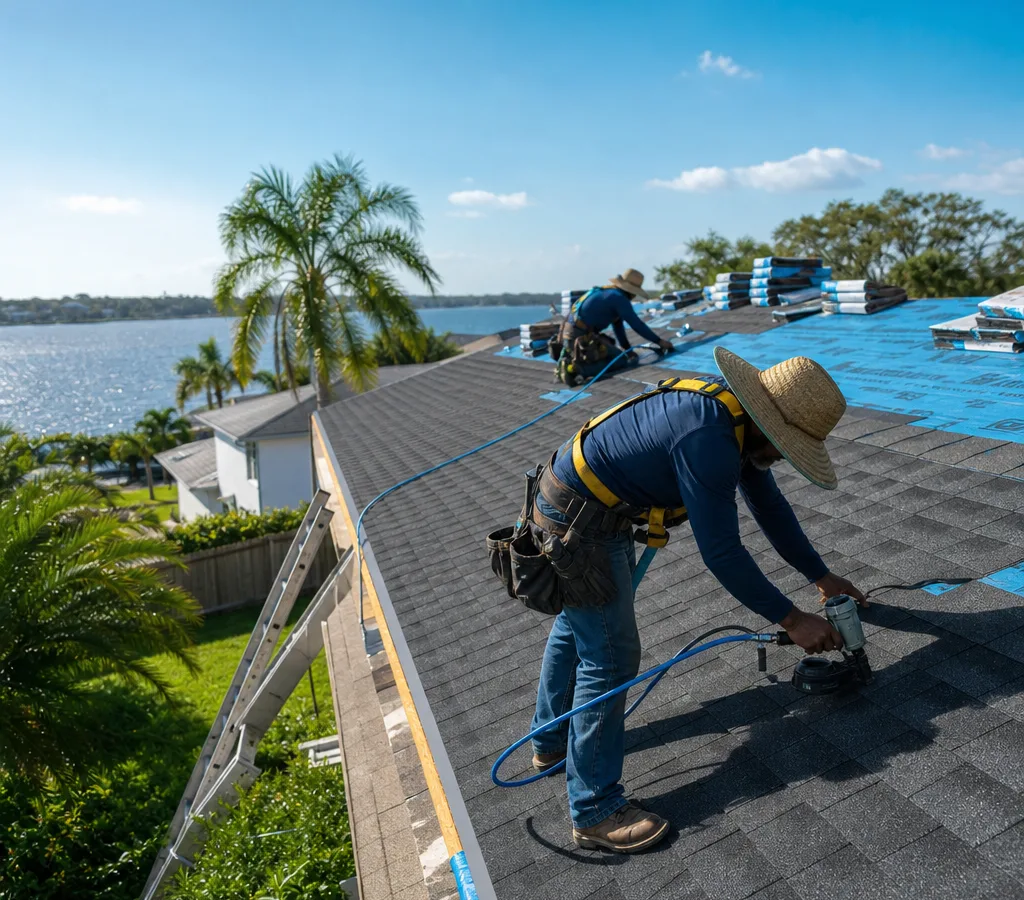 Roofing crew installing underlayment and shingles on a Florida home while using safety gear