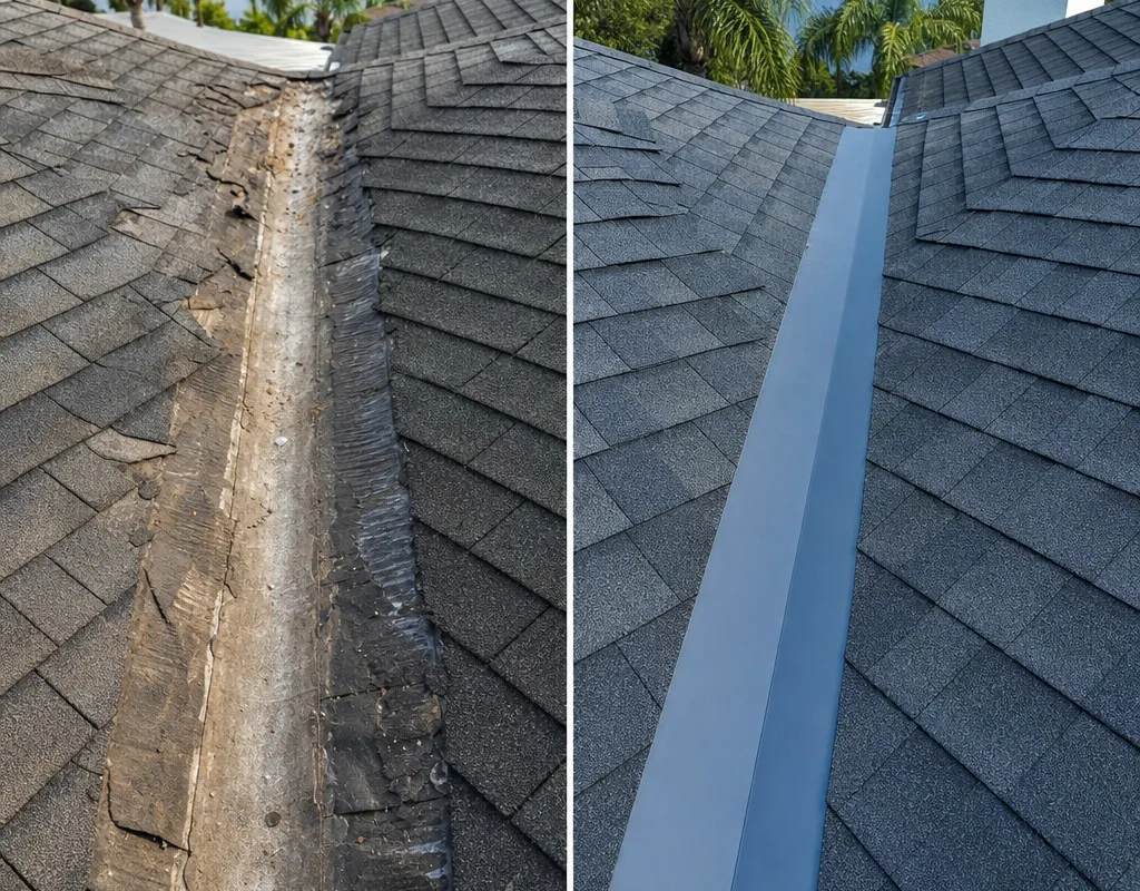 Before and after view of a worn shingle valley replaced with integrated valley protection and neat shingle lines