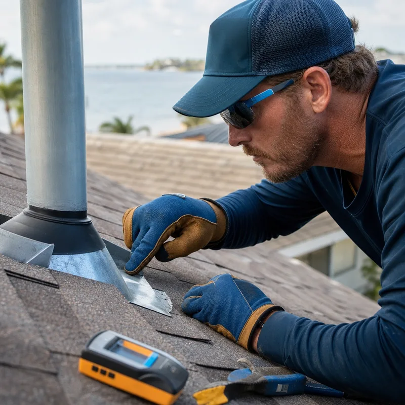 Roofer examining step flashing and a pipe boot with tools and a moisture meter visible