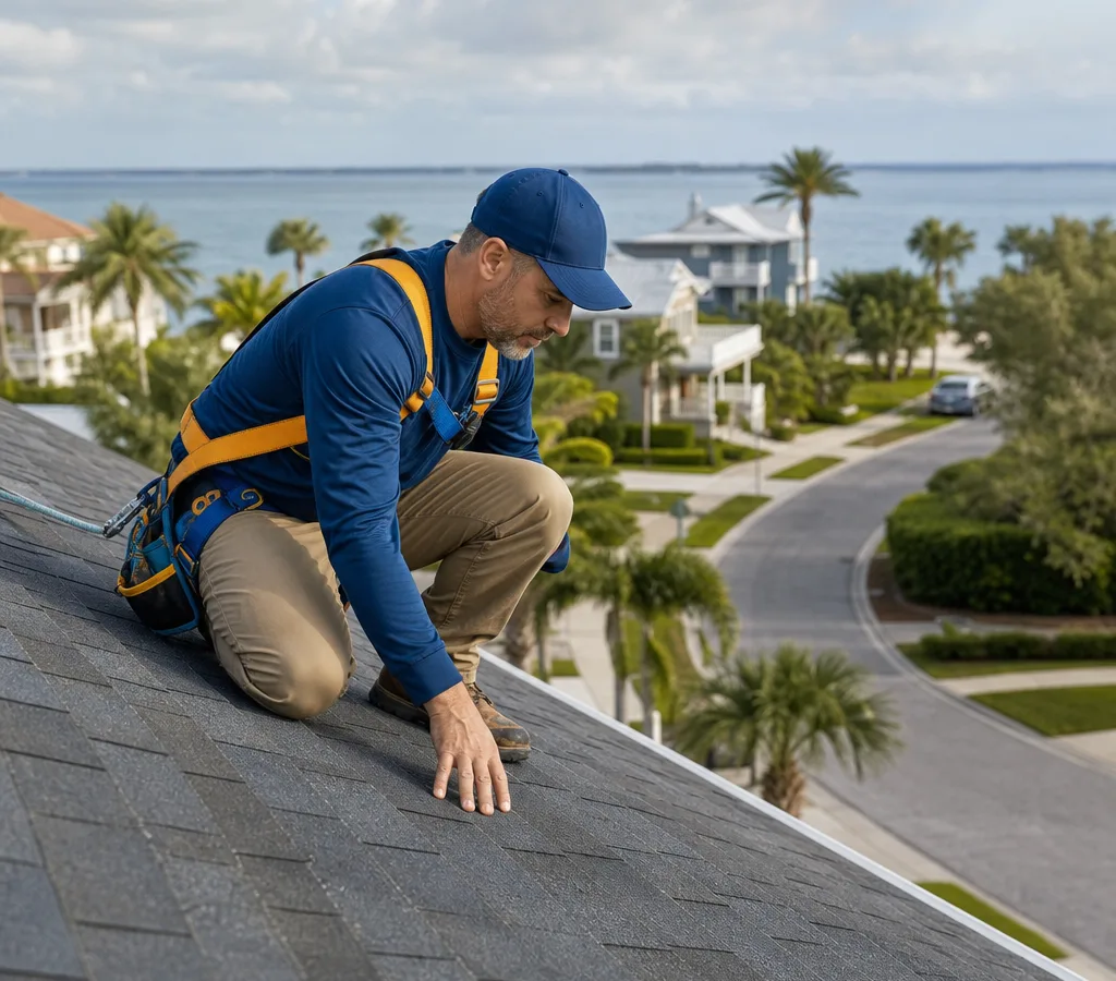Roofer performing a close visual check on a shingle roof in a coastal Safety Harbor neighborhood