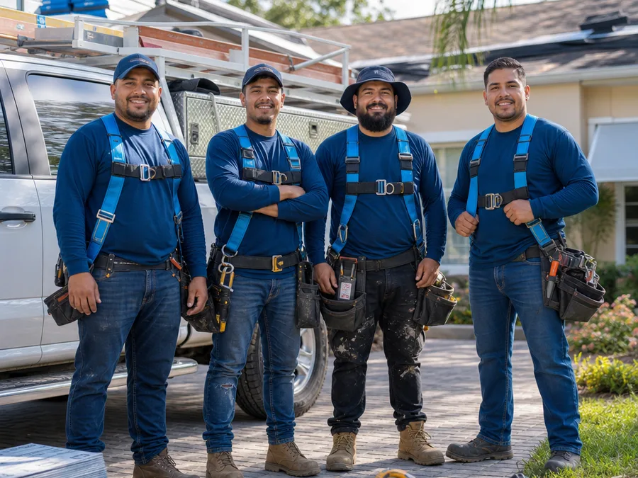 Roofing Safety Harbor crew beside a work truck wearing branded safety gear